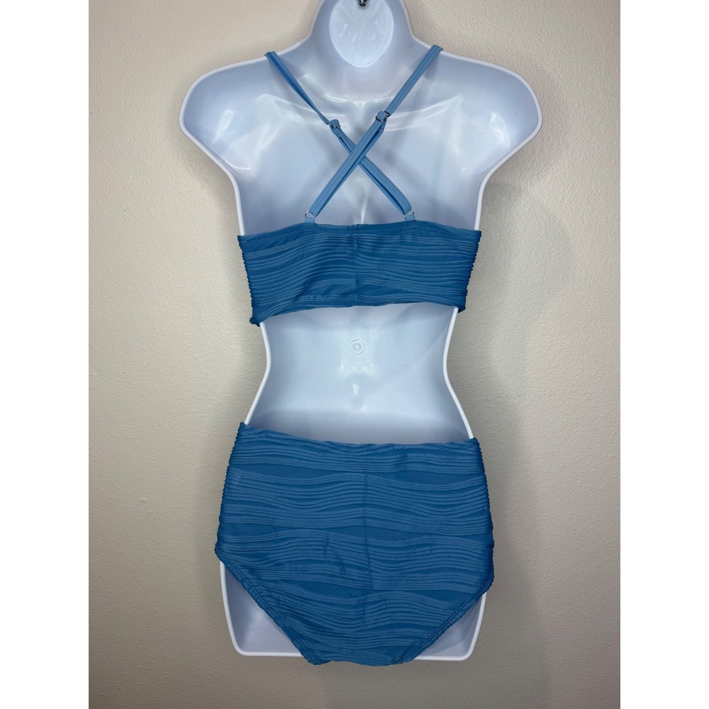 Blue Textured Ripple High Waisted Bikini Set Gold Hardware Size M - Picture 3 of 6